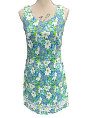 Key West Blue/Green/White Floral Cotton Sleeveless Embroidered Hem Dress (4)